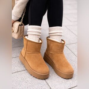 Women's Furry Faux Suede Ankle Platform Booties Tan Size 6 NWT
